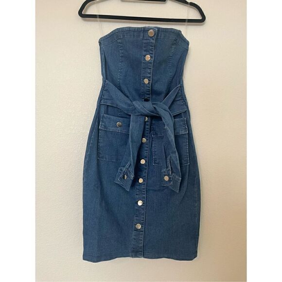Denim Blvd Tied To You Strapless Denim Dress NEW - Picture 2 of 6